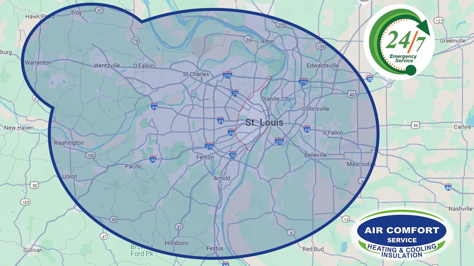Air Comfort Service proudly serves St. Louis, St. Charles, Jefferson, Franklin, Lincoln and Warren Counties in Missouri and St. Clair, Madison, and Monroe Counties in Illinois and Surrounding Areas